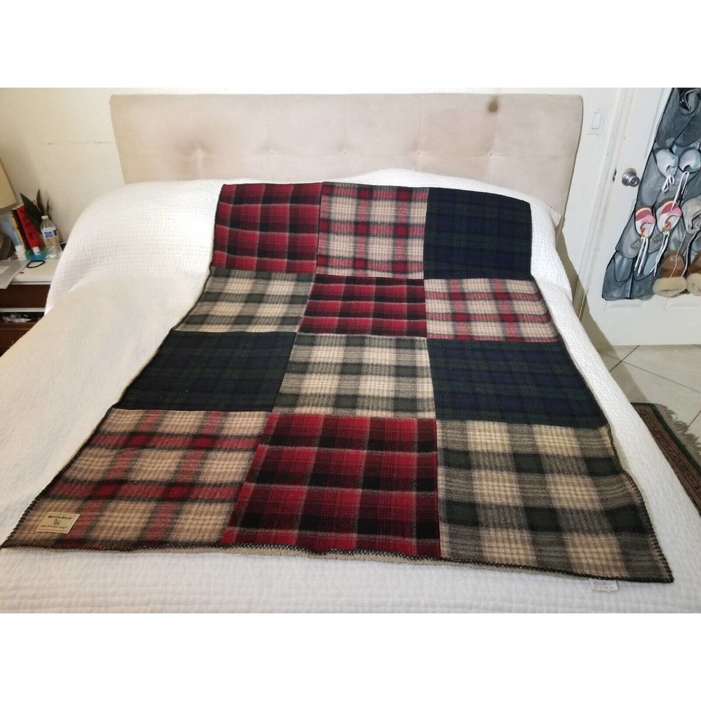 Vintage Woolrich Eddie B Blanket 52" X 70" Wool Tartan Plaid Patchwork Red Green